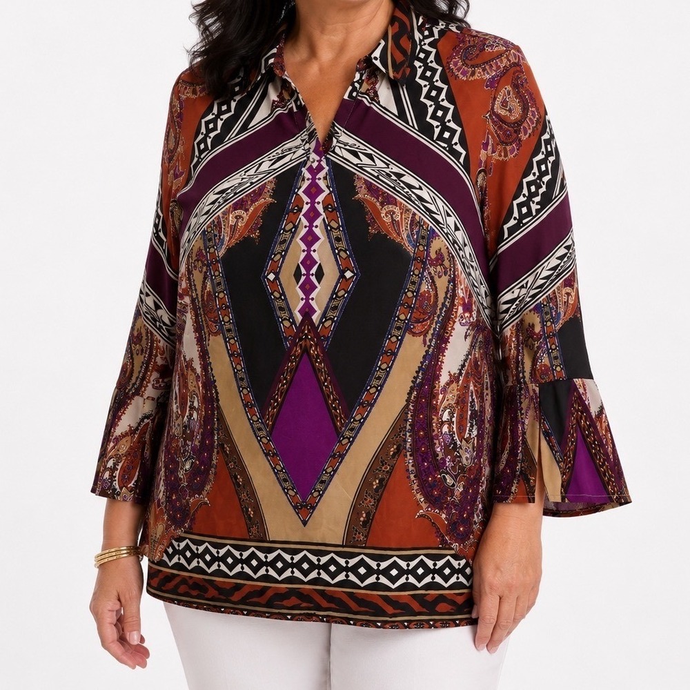 Chicos Womens Size 1 M Purple Orange Paisley Geometric V-Neck Bell Sleeve Blouse